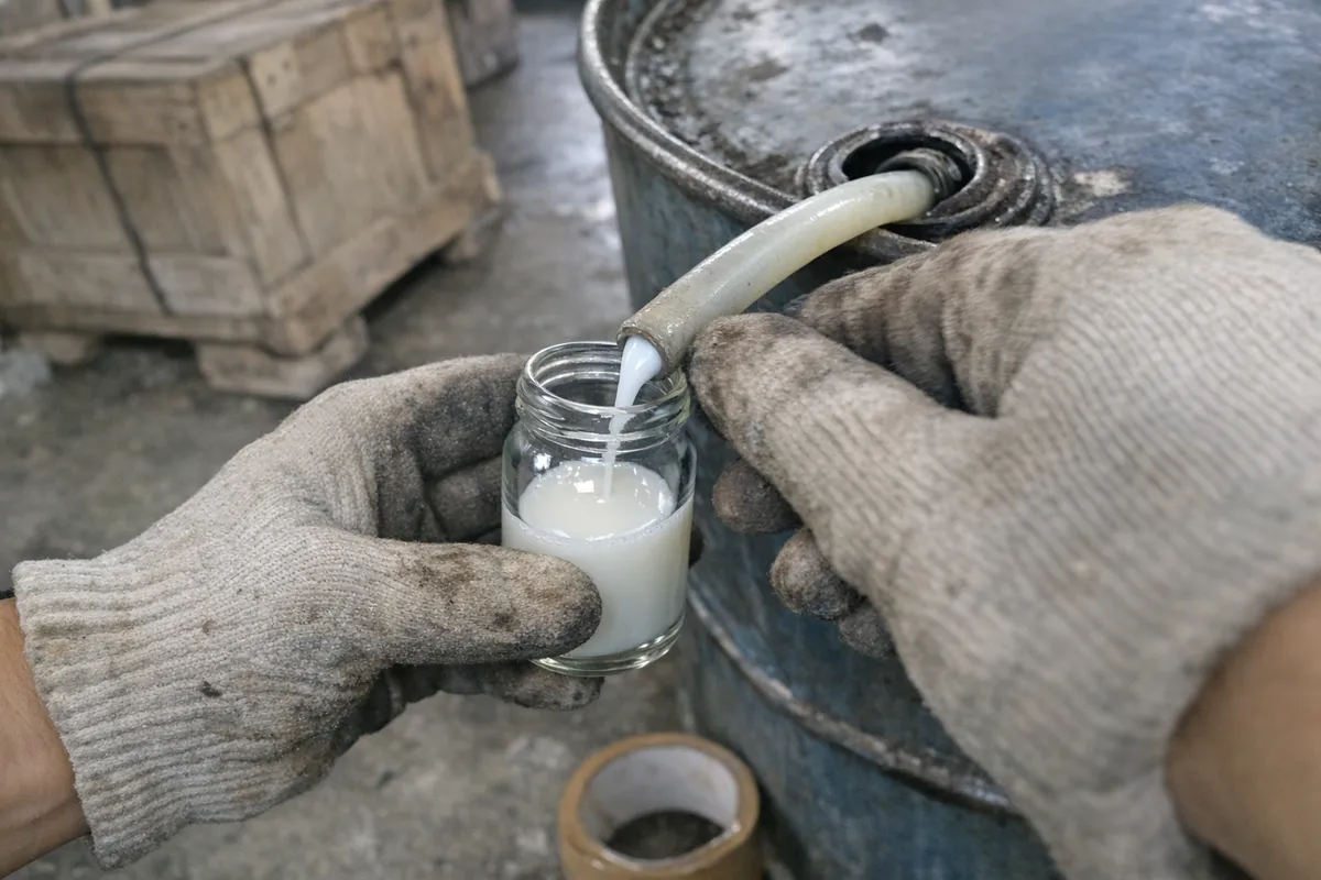 Gloved hands drawing a latex sample from a steel drum into a glass vial at a Belawan packing shed.