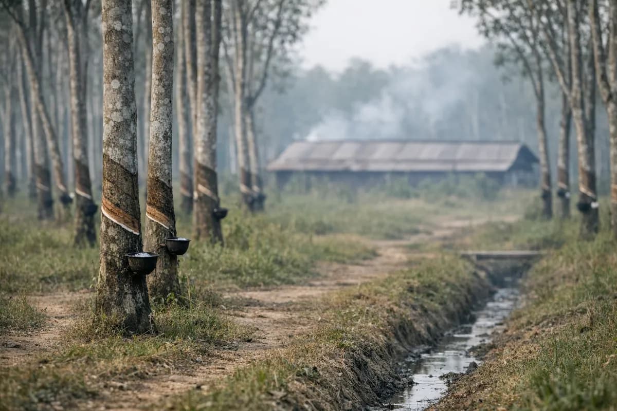 Wide view of Hevea rubber stands with latex collection cups, dirt tracks, and a distant smokehouse roof under morning haze near Palembang.
