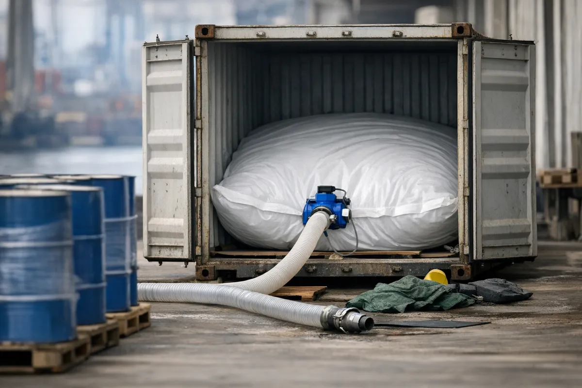 A flexitank valve and discharge hose staged inside an open shipping container beside palletised 205 L latex drums at an Indonesian export warehouse.