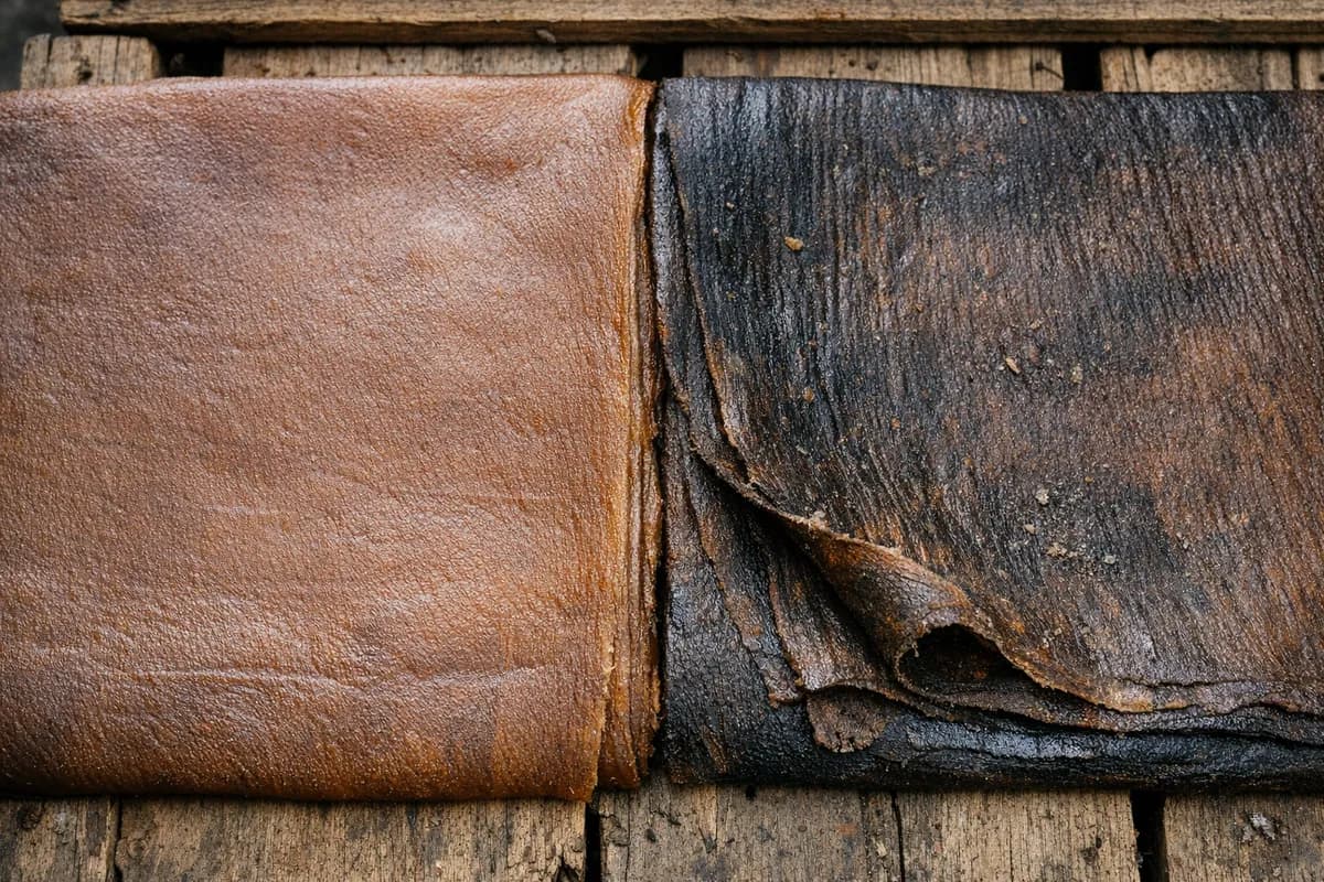 Tight macro of two adjacent smoked RSS sheet surfaces on a rough wooden crate top in Palembang showing one cleaner surface and one with embedded particulates.