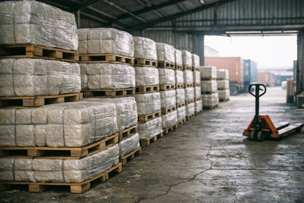 Stacks of shrink-wrapped pallets of 35 kg TSR bales in a Belawan port warehouse with a parked pallet truck.