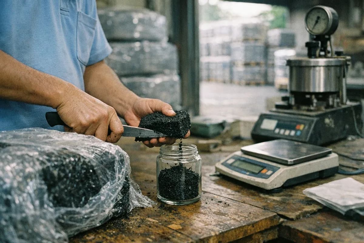 QA technician in a Jakarta receiving lab cutting a wedge from a partially unwrapped TSR bale and placing a labelled sample jar on a small balance with a Mooney viscometer on the bench behind.