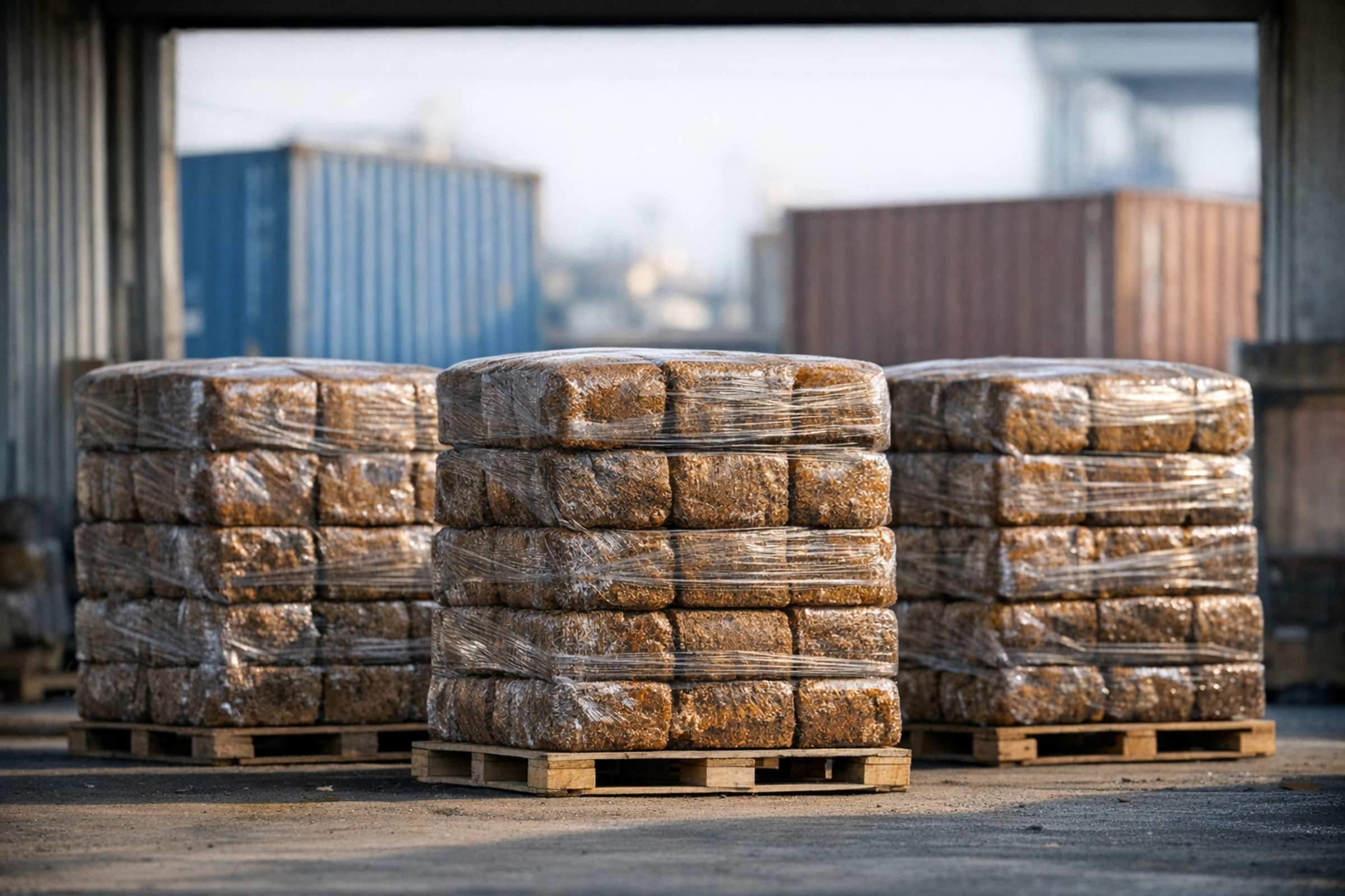 Indonesian natural rubber wholesale export: SIR TSR bales on shrink-wrapped pallets beside shipping containers at Jakarta port